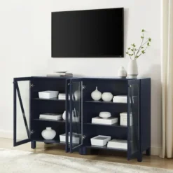 Tv Stands & Media Consoles-Kirkland's Home Navy Triangle 4-Door Wood Media Cabinet Blue