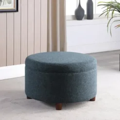 Benches & Ottomans-Kirkland's Home Navy Upholstered Round Storage Ottoman Blue