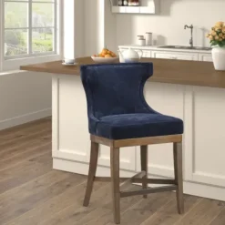 Bar Stools & Counter Height Stools-Kirkland's Home Navy Upholstered Wingback Swivel Counter Stool Blue