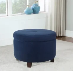 Benches & Ottomans-Kirkland's Home Navy Velvet Upholstered Round Storage Ottoman Blue