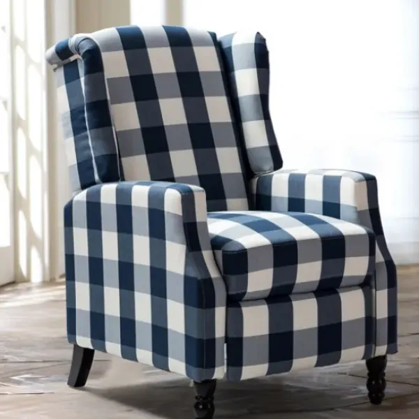 Accent Chairs-Kirkland's Home Navy Windowpane Plaid Recliner Blue/White