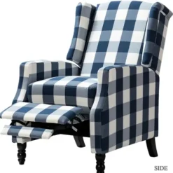 Accent Chairs-Kirkland's Home Navy Windowpane Plaid Recliner Blue/White