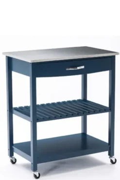 Kitchen Islands & Bar Carts-Kirkland's Home Navy Wood And Stainless Steel Top Kitchen Cart Blue