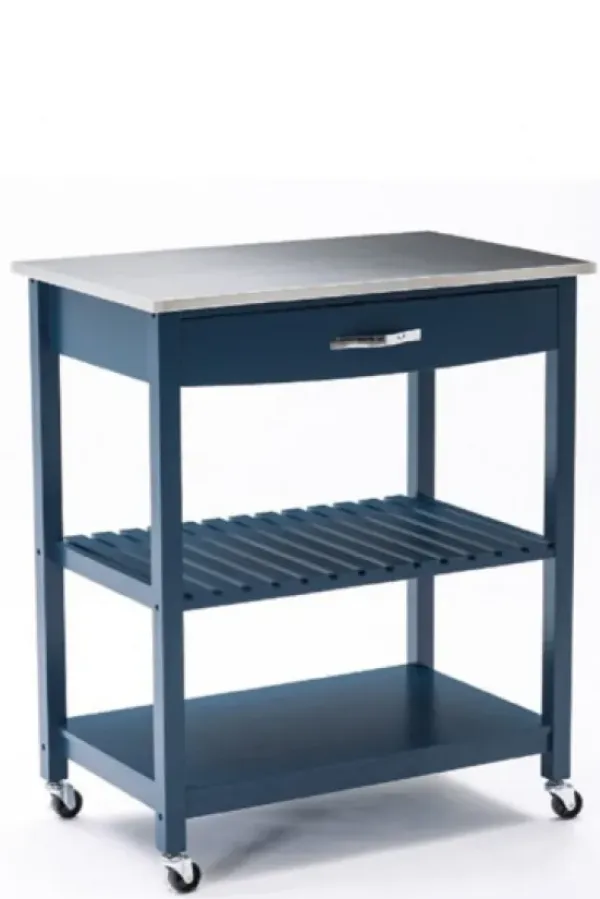 Kitchen Islands & Bar Carts-Kirkland's Home Navy Wood And Stainless Steel Top Kitchen Cart Blue