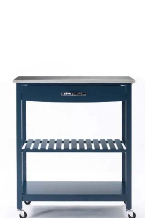 Kitchen Islands & Bar Carts-Kirkland's Home Navy Wood And Stainless Steel Top Kitchen Cart Blue