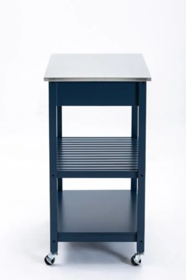 Kitchen Islands & Bar Carts-Kirkland's Home Navy Wood And Stainless Steel Top Kitchen Cart Blue