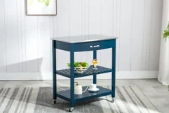 Kitchen Islands & Bar Carts-Kirkland's Home Navy Wood And Stainless Steel Top Kitchen Cart Blue