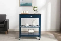 Kitchen Islands & Bar Carts-Kirkland's Home Navy Wood And Stainless Steel Top Kitchen Cart Blue