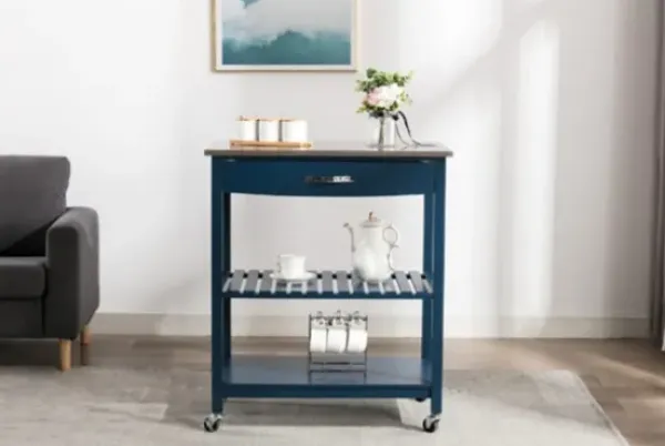 Kitchen Islands & Bar Carts-Kirkland's Home Navy Wood And Stainless Steel Top Kitchen Cart Blue
