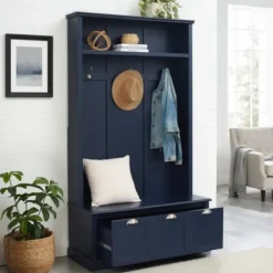 Entryway Furniture-Kirkland's Home Navy Wood Storage Bench Hall Tree Blue