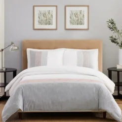 Duvets-Kirkland's Home Neapolitan Gray 3-Pc. Queen Duvet Set Gray/White/Pink