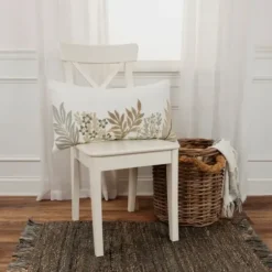 Pillows-Kirkland's Home Neutral Blooms Hand Embroidered Lumbar Pillow White/Tan/Gray