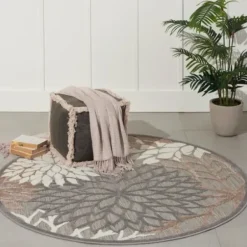 Outdoor Rugs-Kirkland's Home Neutral Floral Burst Outdoor Area Rug, 7X10 Tan/Gray/White