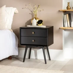 Nightstands-Kirkland's Home Nightshade Mid Century Wooden Nightstand Black