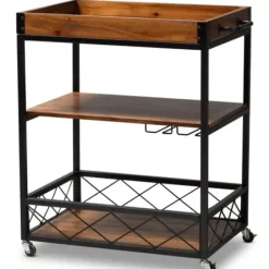 Kitchen Islands & Bar Carts-Kirkland's Home Oak And Black Metal Bar Cart With Stemware Rack