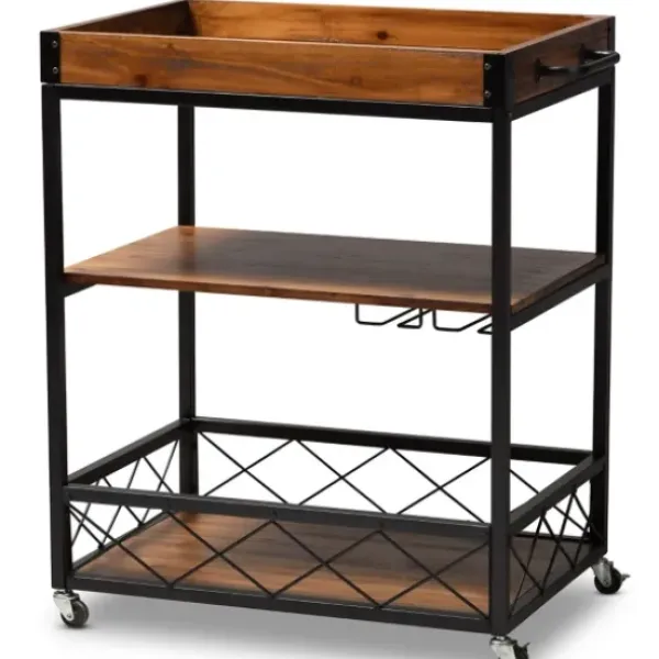 Kitchen Islands & Bar Carts-Kirkland's Home Oak And Black Metal Bar Cart With Stemware Rack