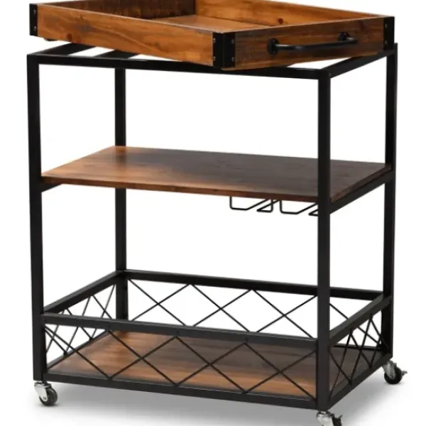 Kitchen Islands & Bar Carts-Kirkland's Home Oak And Black Metal Bar Cart With Stemware Rack