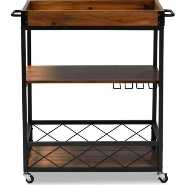 Kitchen Islands & Bar Carts-Kirkland's Home Oak And Black Metal Bar Cart With Stemware Rack