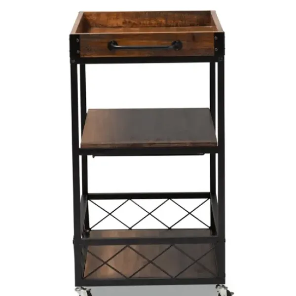 Kitchen Islands & Bar Carts-Kirkland's Home Oak And Black Metal Bar Cart With Stemware Rack