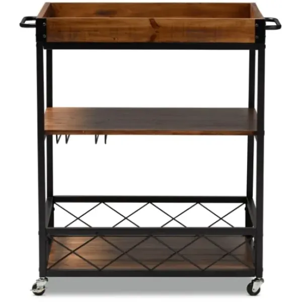 Kitchen Islands & Bar Carts-Kirkland's Home Oak And Black Metal Bar Cart With Stemware Rack