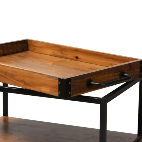 Kitchen Islands & Bar Carts-Kirkland's Home Oak And Black Metal Bar Cart With Stemware Rack