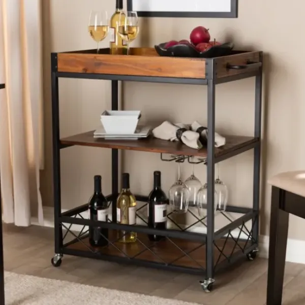 Kitchen Islands & Bar Carts-Kirkland's Home Oak And Black Metal Bar Cart With Stemware Rack