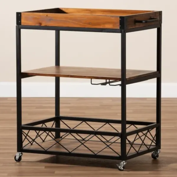 Kitchen Islands & Bar Carts-Kirkland's Home Oak And Black Metal Bar Cart With Stemware Rack