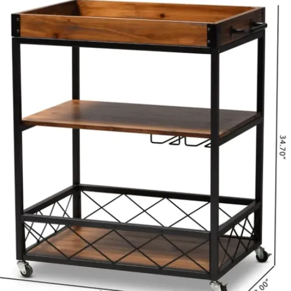 Kitchen Islands & Bar Carts-Kirkland's Home Oak And Black Metal Bar Cart With Stemware Rack