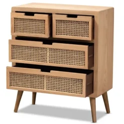 Dressers & Chests-Kirkland's Home Oak And Rattan 4-Drawer Chest