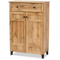Entryway Furniture-Kirkland's Home Oak 2-Door Grid Shoe Storage Cabinet Tan