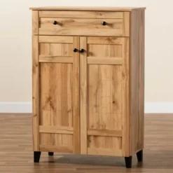 Entryway Furniture-Kirkland's Home Oak 2-Door Grid Shoe Storage Cabinet Tan