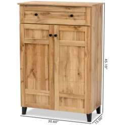 Entryway Furniture-Kirkland's Home Oak 2-Door Grid Shoe Storage Cabinet Tan