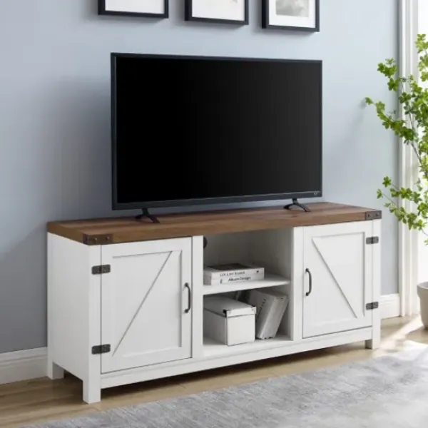 Tv Stands & Media Consoles-Kirkland's Home Oak Farmhouse Double Door Tv Stand Brown/White
