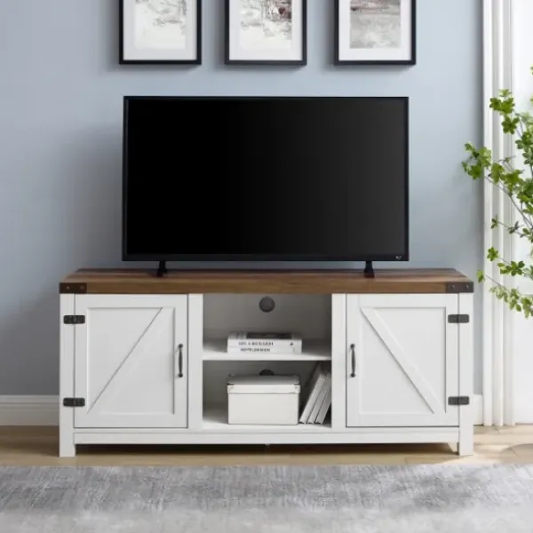 Tv Stands & Media Consoles-Kirkland's Home Oak Farmhouse Double Door Tv Stand Brown/White