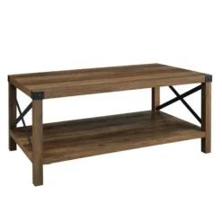 Coffee Tables-Kirkland's Home Oak Industrial X-Frame Coffee Table Brown