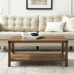 Coffee Tables-Kirkland's Home Oak Industrial X-Frame Coffee Table Brown
