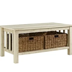 Coffee Tables-Kirkland's Home Oak Traditional Wooden Basket Coffee Table White