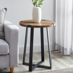 Accent & End Tables-Kirkland's Home Oak Urban Rustic Round Accent Table Brown