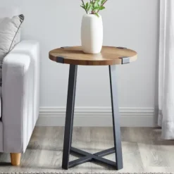 Accent & End Tables-Kirkland's Home Oak Urban Rustic Round Accent Table Brown