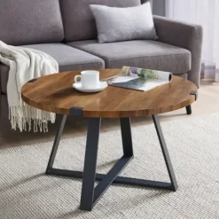 Coffee Tables-Kirkland's Home Oak Urban Rustic Round Coffee Table Brown