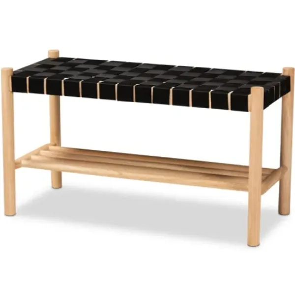 Benches & Ottomans-Kirkland's Home Oak Wood And Woven Nylon Bench Black/Tan