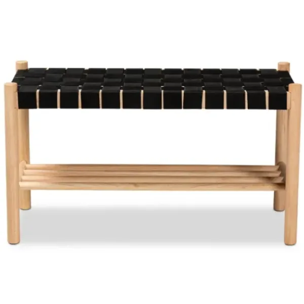 Benches & Ottomans-Kirkland's Home Oak Wood And Woven Nylon Bench Black/Tan