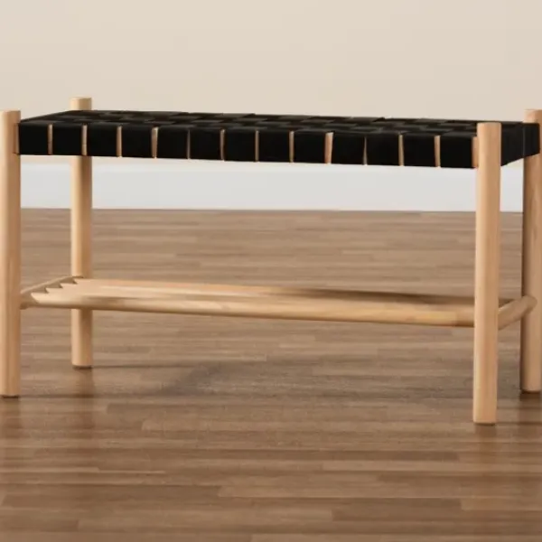 Benches & Ottomans-Kirkland's Home Oak Wood And Woven Nylon Bench Black/Tan