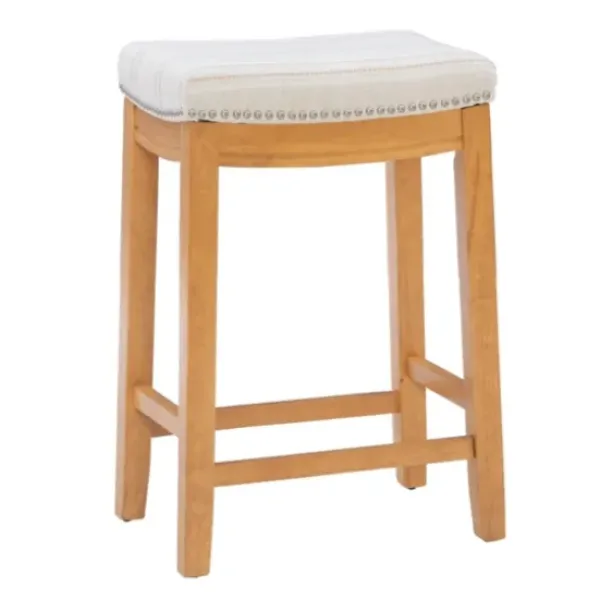 Bar Stools & Counter Height Stools-Kirkland's Home Oak Wood Counter Stool With Beige Striped Cushion Gray