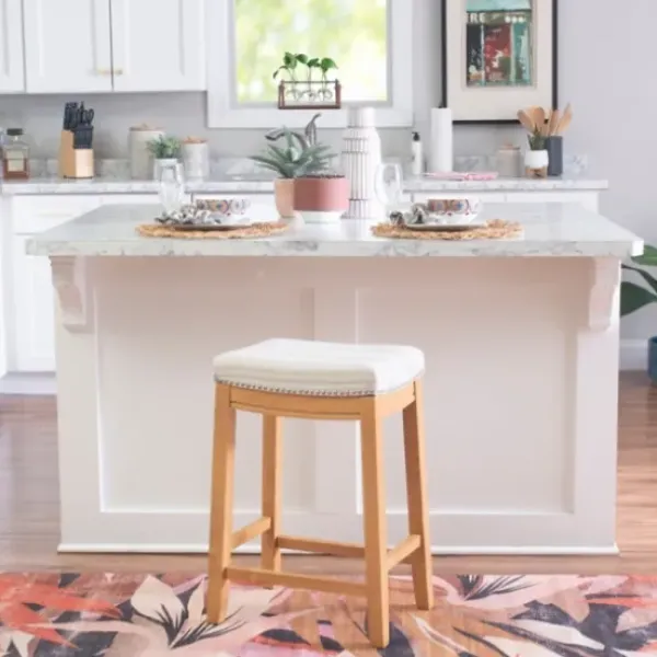 Bar Stools & Counter Height Stools-Kirkland's Home Oak Wood Counter Stool With Beige Striped Cushion Gray