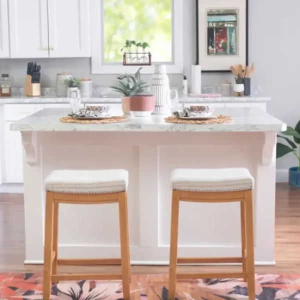 Bar Stools & Counter Height Stools-Kirkland's Home Oak Wood Counter Stool With Beige Striped Cushion Gray
