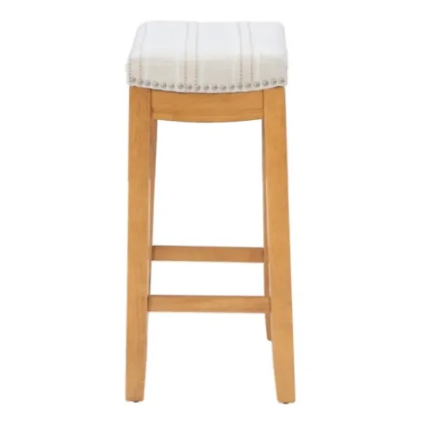 Bar Stools & Counter Height Stools-Kirkland's Home Oak Wood Counter Stool With Beige Striped Cushion Gray