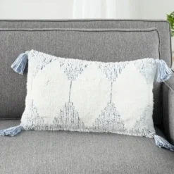 Pillows-Kirkland's Home Ocean Stripe Diamond Tassels Cotton Lumbar Pillow Blue
