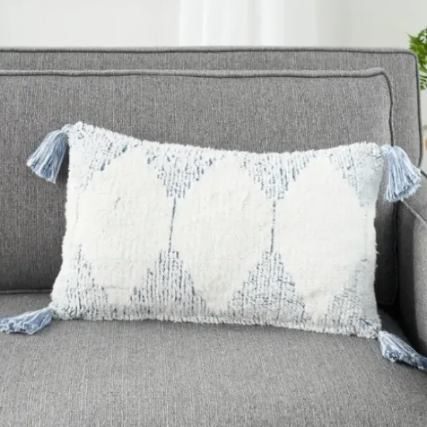 Pillows-Kirkland's Home Ocean Stripe Diamond Tassels Cotton Lumbar Pillow Blue
