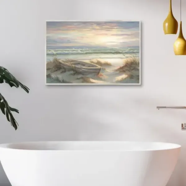 Framed Art-Kirkland's Home Old Rowboat On The Shore Framed Canvas Art Print Ivory/Blue/Multi